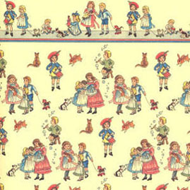 Dollhouse Miniature Wallpaper:1/2" Scale Children On Dark Cream